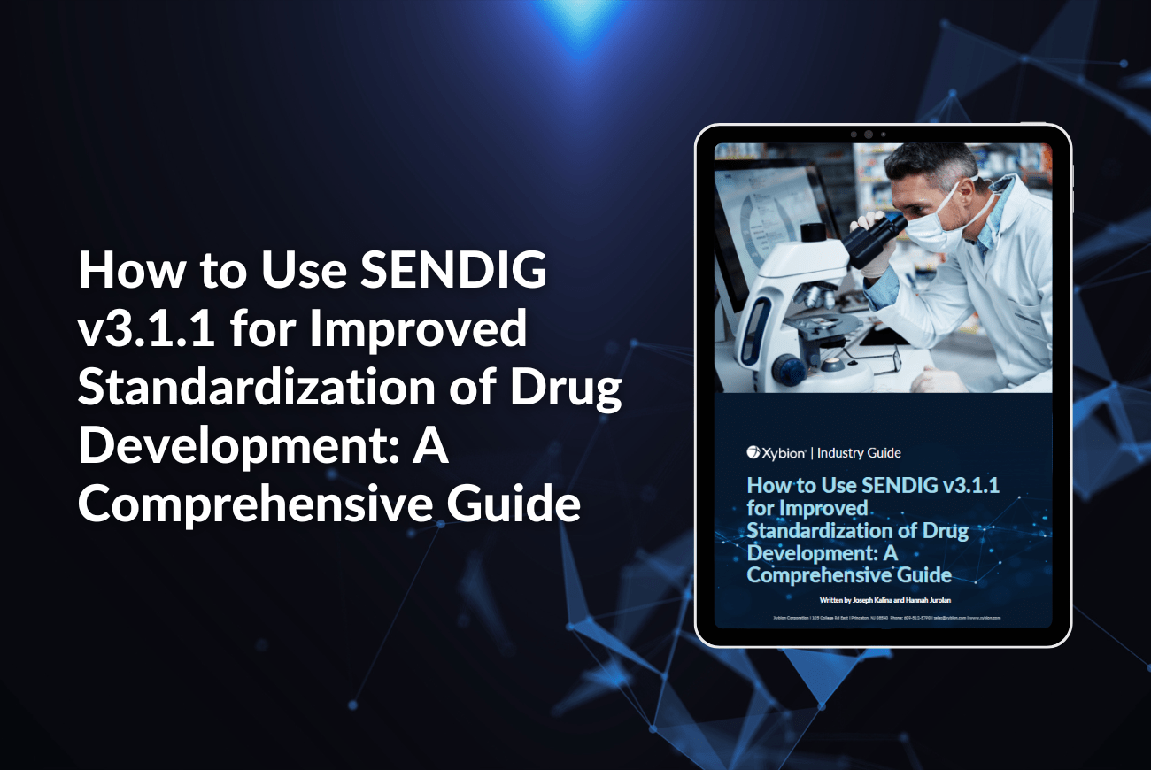 A promotional banner for the Xybion Industry Guide titled "How to Use SENDIG v3.1.1 for Improved Standardization of Drug Development: A Comprehensive Guide." The banner features an image of the guide displayed on a tablet screen on the right, showing a scientist working with a microscope in a lab.
