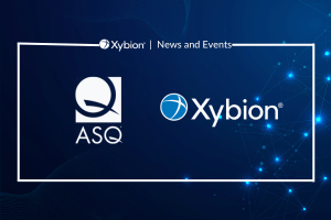 A banner titled "Xybion | News and Events" featuring the Xybion logo on the right side and the ASQ (American Society for Quality) logo on the left.
