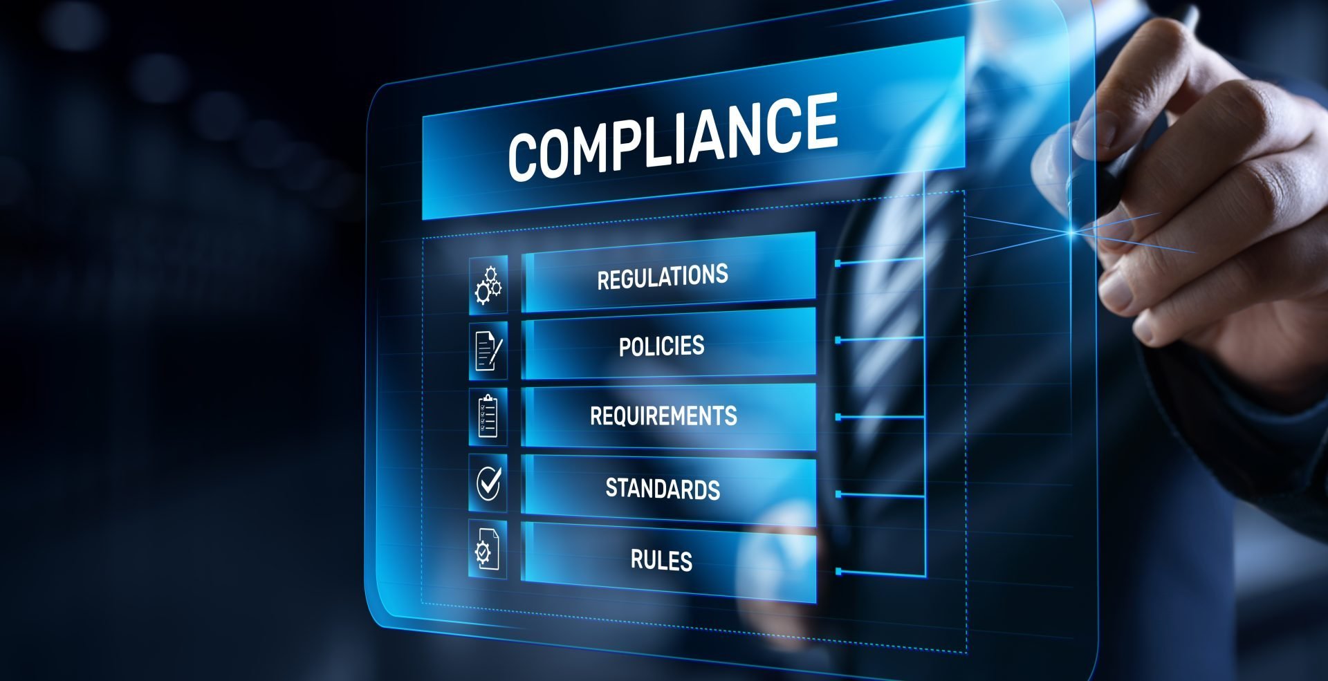 A digital interface with the word "COMPLIANCE" at the top, followed by a list of key elements: Regulations, Policies, Requirements, Standards, and Rules. The image conveys themes of data integrity and adherence to regulatory frameworks such as 21 CFR Part 11