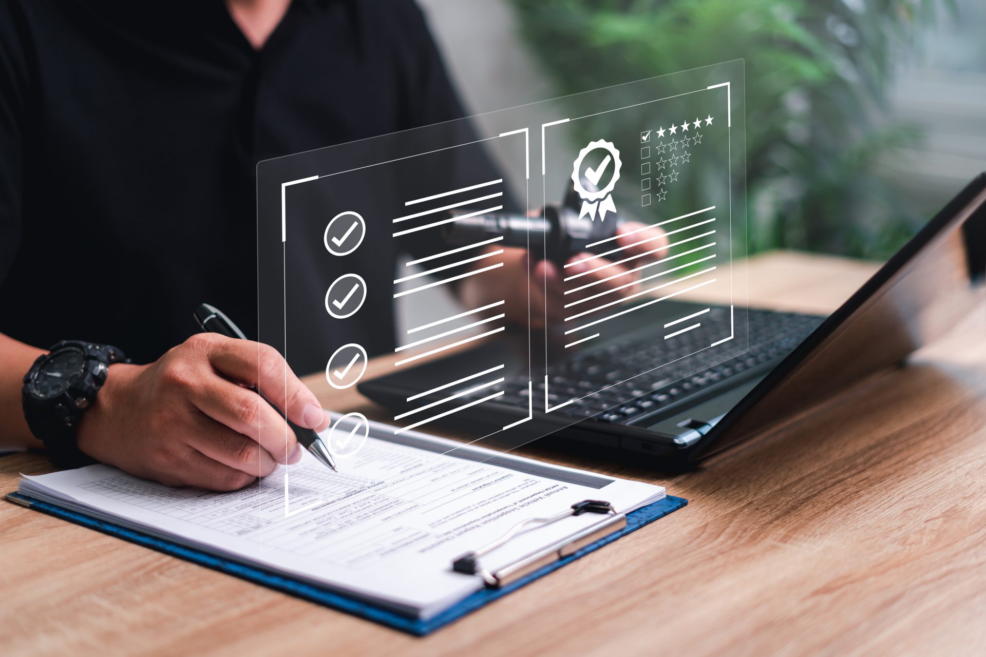 A person reviews documents on a clipboard while interacting with a digital interface displaying checklists and a certification icon. The image suggests the process of ISO 9001 implementation, with the digital elements representing the structured approach to quality management and compliance verification.