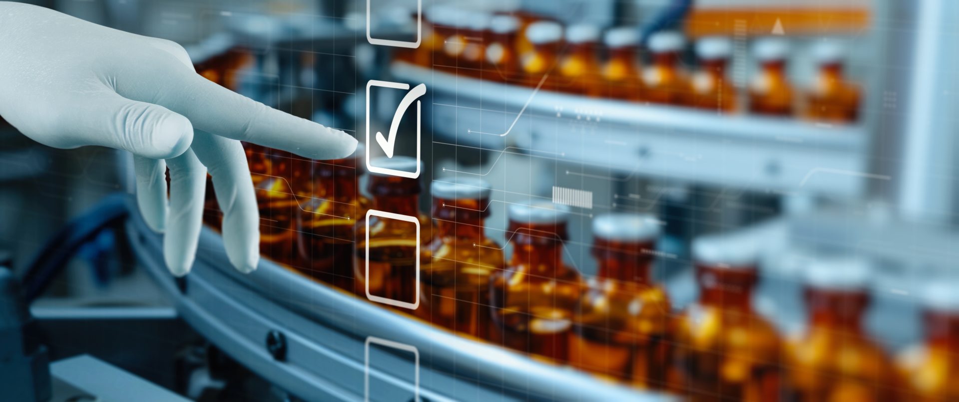 A gloved hand interacts with a digital interface featuring checkboxes, one of which is marked with a check. The image suggests the context of regulatory processes, such as an Investigational New Drug (IND) submission, where meticulous data tracking and validation are critical.