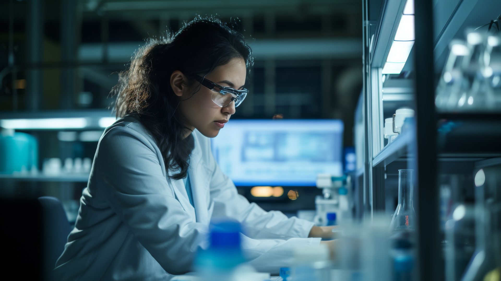 A scientist wearing safety glasses and a lab coat works intently at a laboratory bench, surrounded by various lab instruments and equipment. In the background, a computer screen displays data, likely interfacing with a Laboratory Information Management System (LIMS) to manage and analyze the lab's instrumentation and data.