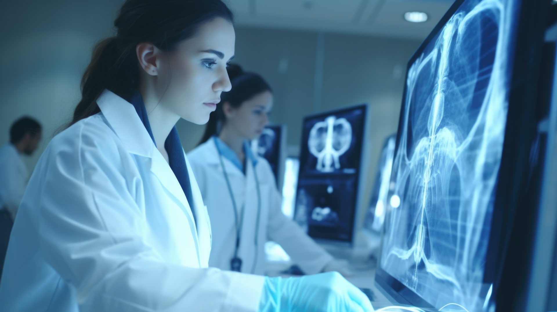 Two medical professionals in lab coats analyze medical images on large screens. The images displayed appear to be radiographs or similar diagnostic images in DICOM format, with the professional in the foreground focusing intently on a screen showing a detailed chest scan.