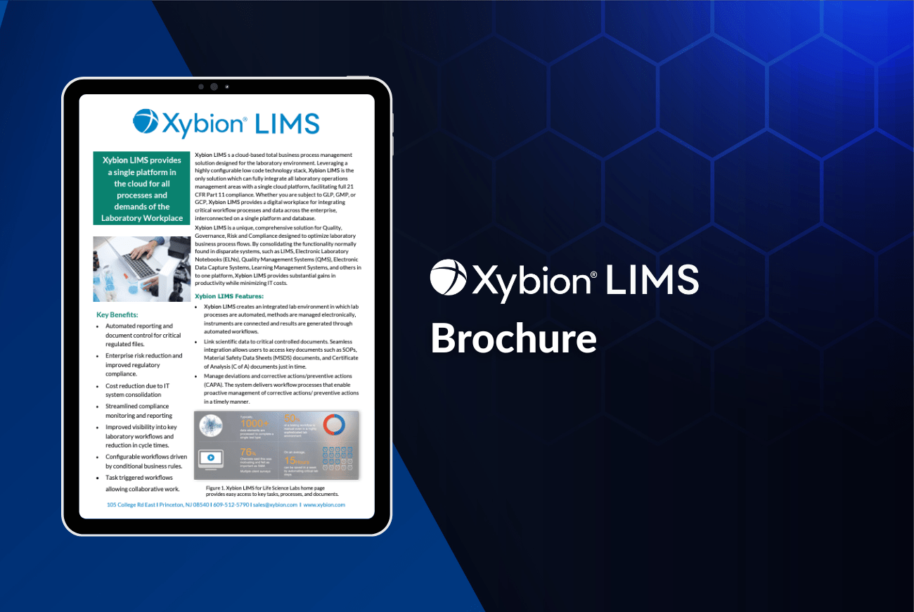 Banner for the Xybion LIMS brochure, featuring a tablet displaying the brochure content on the left, set against a dark blue hexagonal background.