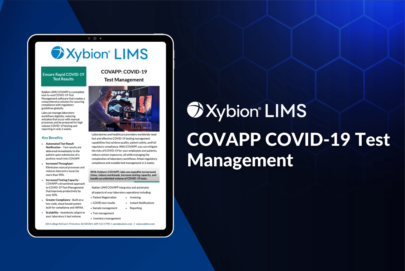Brochure for Xybion LIMS titled 'COVAPP COVID-19 Test Management,' featuring a tablet displaying details about the COVAPP module for managing COVID-19 test results