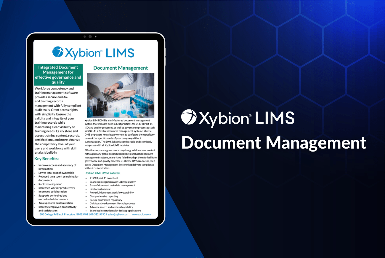 Brochure for Xybion LIMS titled 'Document Management,' featuring a tablet displaying information on integrated document management for effective governance and quality, set against a dark background with a hexagonal pattern.