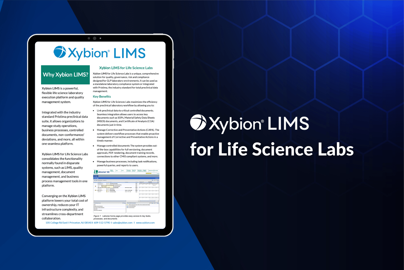 Brochure for Xybion LIMS titled 'for Life Science Labs,' featuring a tablet displaying information about the benefits and features of Xybion LIMS specifically designed for life science laboratories