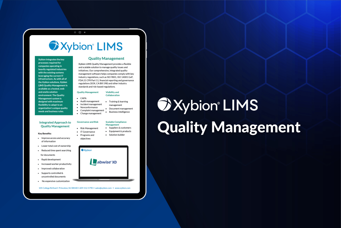 Brochure for Xybion LIMS titled 'Quality Management,' featuring a tablet displaying details about the quality management module, set against a dark background with a hexagonal pattern.