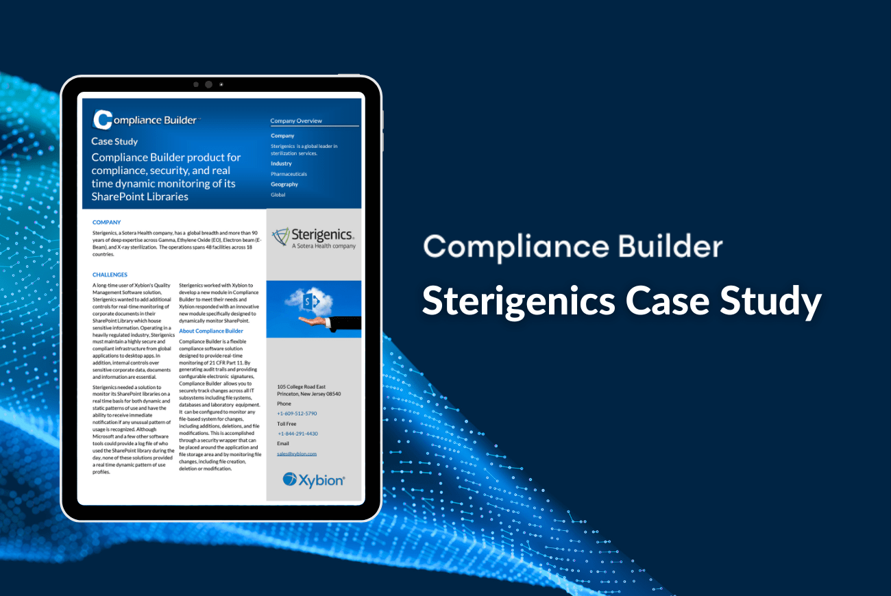 Case study banner for Compliance Builder titled 'Compliance Builder product for compliance, security, and real-time dynamic monitoring of its SharePoint Libraries,' featuring a tablet displaying the Sterigenics case study.