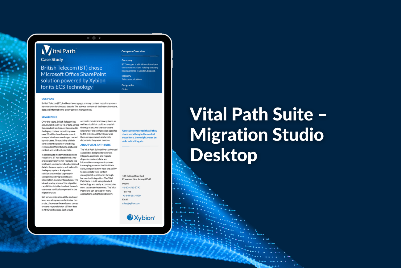 Case study banner for Vital Path Suite titled 'British Telecom (BT) chose Microsoft Office SharePoint solution powered by Xybion for its ECS Technology,' featuring a tablet displaying the case study document on a dark blue background with digital blue wave accents.