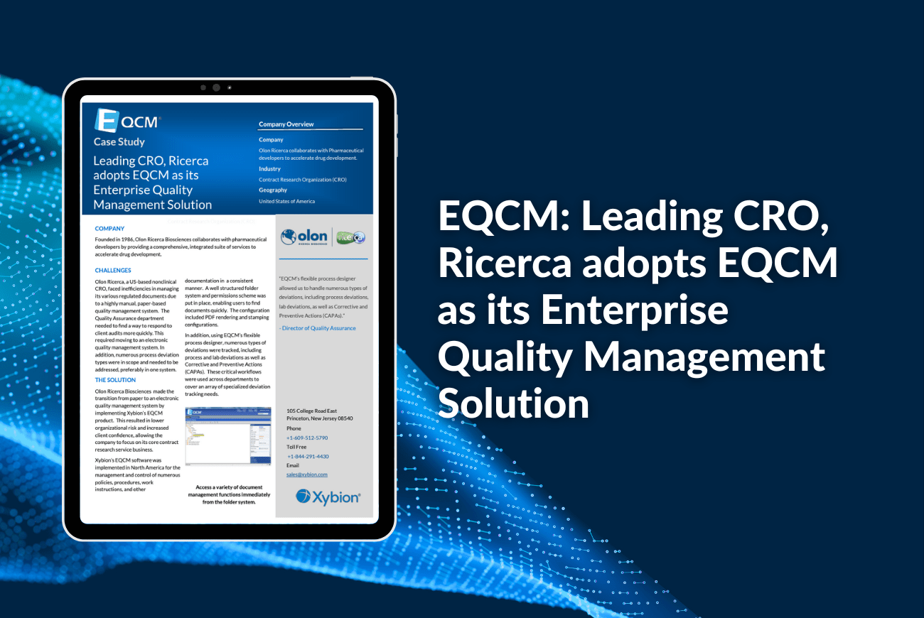 Case study banner for EQCM titled 'Leading CRO, Ricerca adopts EQCM as its Enterprise Quality Management Solution,' featuring a tablet displaying the case study document on a dark blue background with digital blue wave accents.