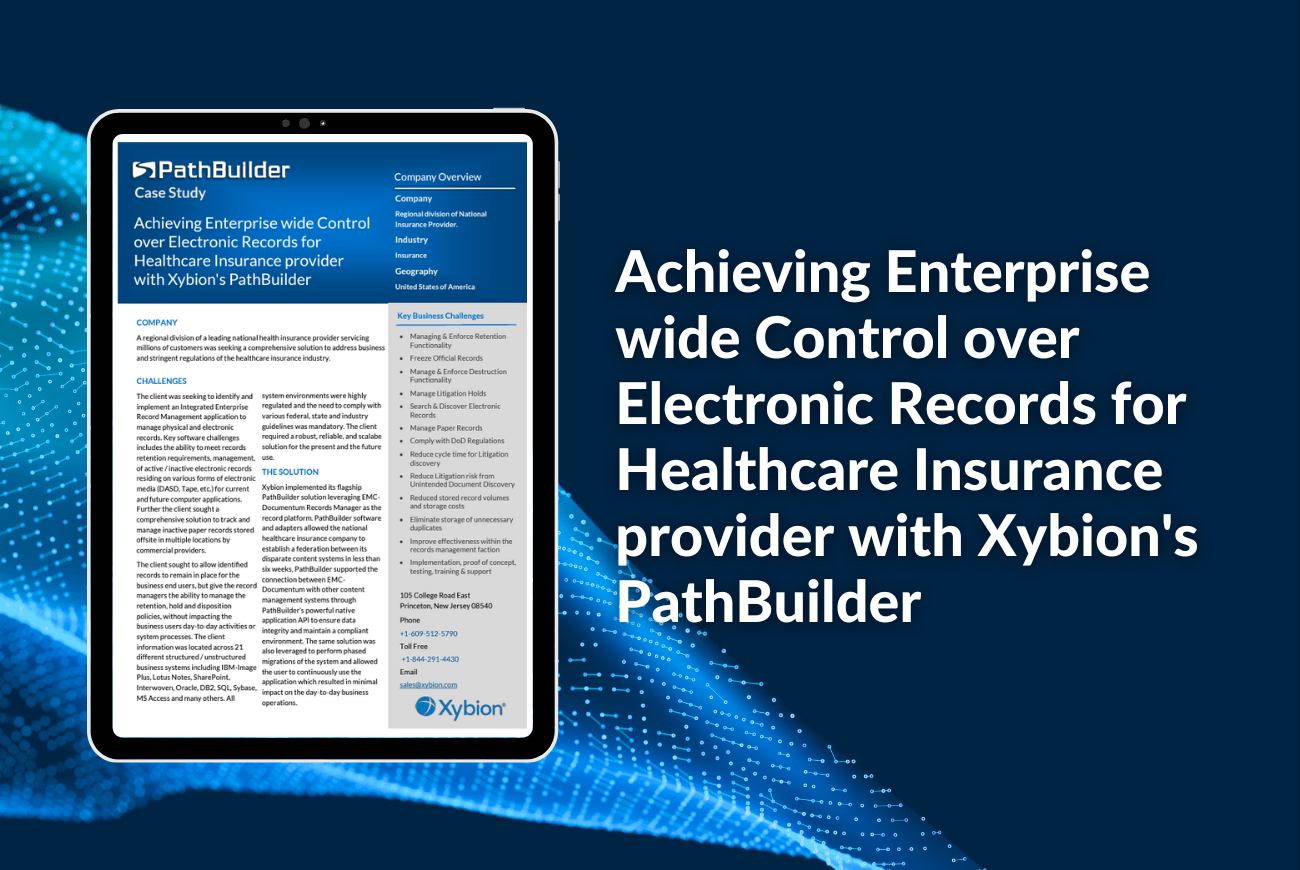 Case study banner for PathBuilder titled 'Achieving Enterprise-wide Control over Electronic Records for Healthcare Insurance Provider with Xybion's PathBuilder,' featuring a tablet displaying the case study document on a dark blue background with digital blue wave accents.
