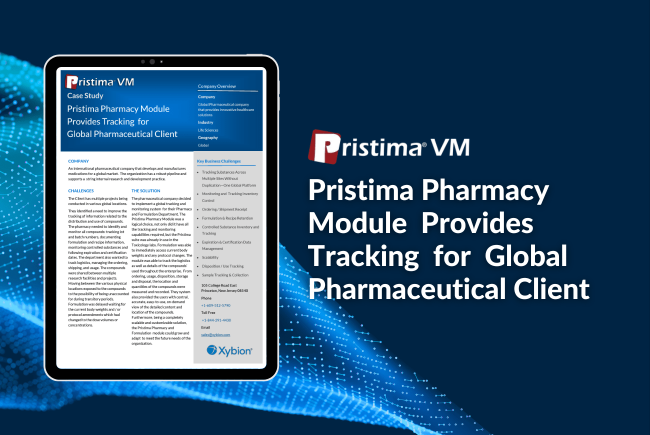 Case study banner for Pristima VM titled 'Pristima Pharmacy Module Provides Tracking for Global Pharmaceutical Client,' featuring a tablet displaying the case study document on a dark blue background with digital blue wave accents.