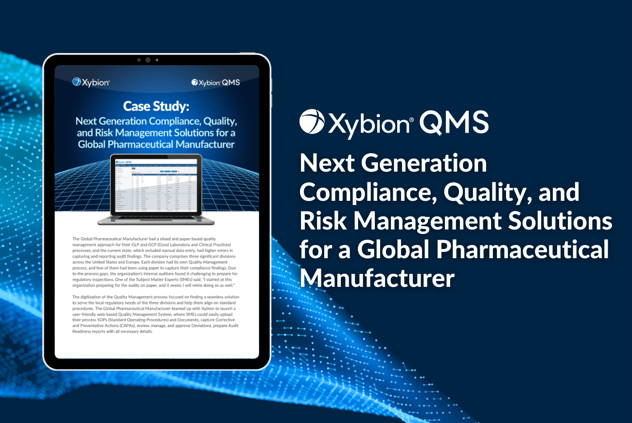 Case study banner for Xybion QMS titled 'Next Generation Compliance, Quality, and Risk Management Solutions for a Global Pharmaceutical Manufacturer,' featuring a tablet displaying the case study document with a digital blue wave background.