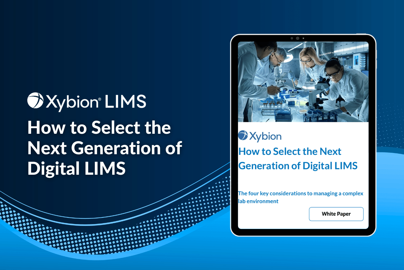 Promotional image for Xybion LIMS with the title 'How to Select the Next Generation of Digital LIMS,' featuring a tablet displaying a white paper cover with a laboratory scene, set against a blue gradient background