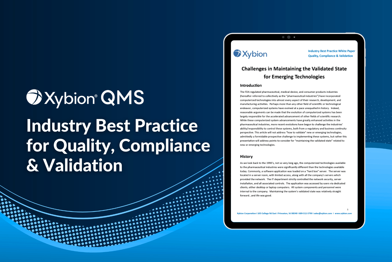 Promotional image for Xybion QMS featuring 'Industry Best Practice for Quality, Compliance & Validation,' with a tablet displaying a white paper on maintaining the validated state for emerging technologies, set against a blue gradient background.