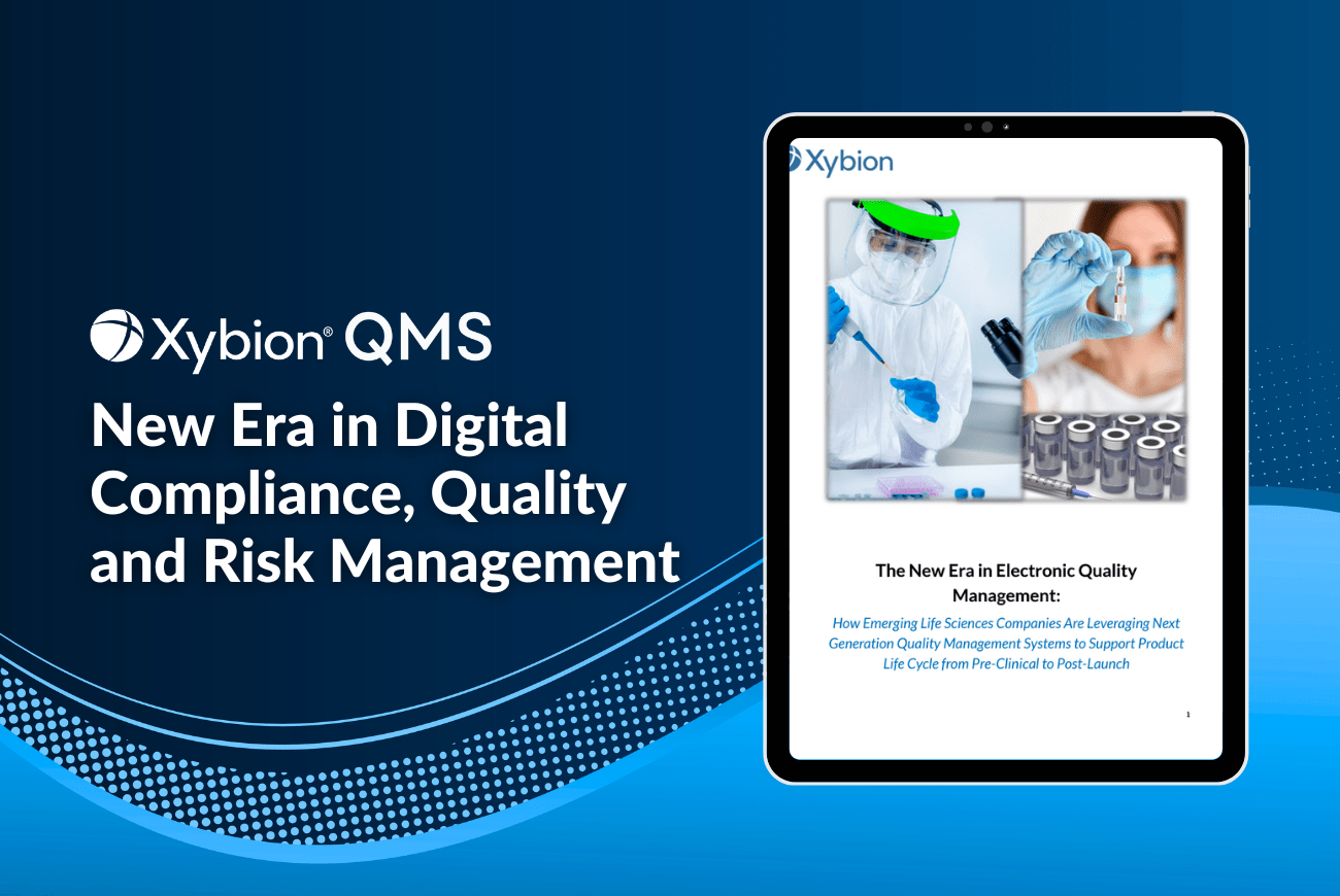 Promotional image for Xybion QMS highlighting 'New Era in Digital Compliance, Quality, and Risk Management,' featuring a tablet displaying content related to electronic quality management with a laboratory scene on a blue gradient background.