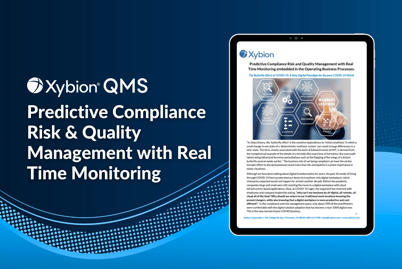 Promotional image for Xybion QMS showcasing 'Predictive Compliance Risk & Quality Management with Real-Time Monitoring,' featuring a tablet displaying related content on a blue gradient background.