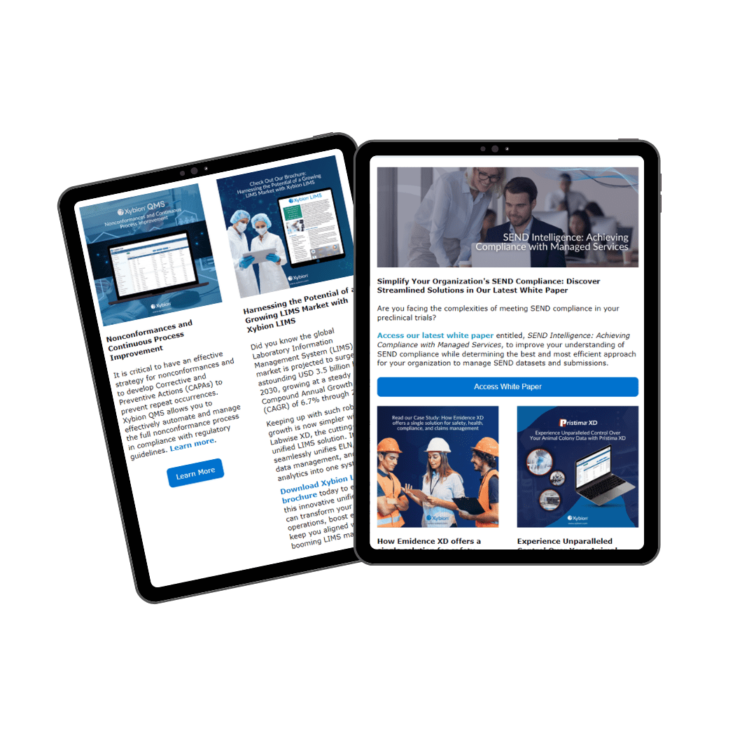 Two tablet screens displaying different sections of a promotional document for Xybion. The left screen features information about system LIMS and laboratory efficiency, while the right screen promotes a white paper on SEND compliance and showcases images of professionals in lab and industrial settings.