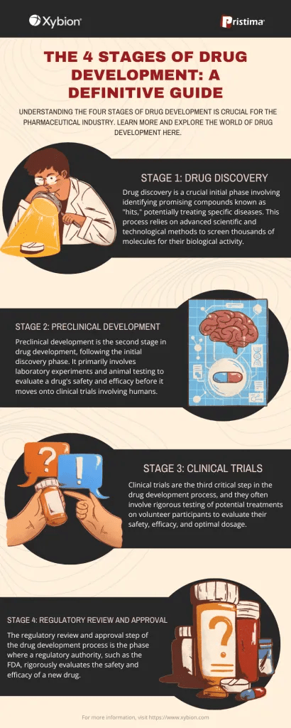 "The 4 Stages of Drug Development: A Definitive Guide" infographic. Stage 1 involves research and testing with chemicals, Stage 2 shows lab testing on a brain model, Stage 3 presents clinical trial participation, and Stage 4 involves regulatory checks and approvals.