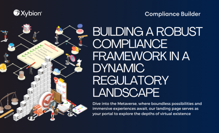 Xybion's "Compliance Builder" visual, featuring a compliance framework within a dynamic virtual and regulatory setting.