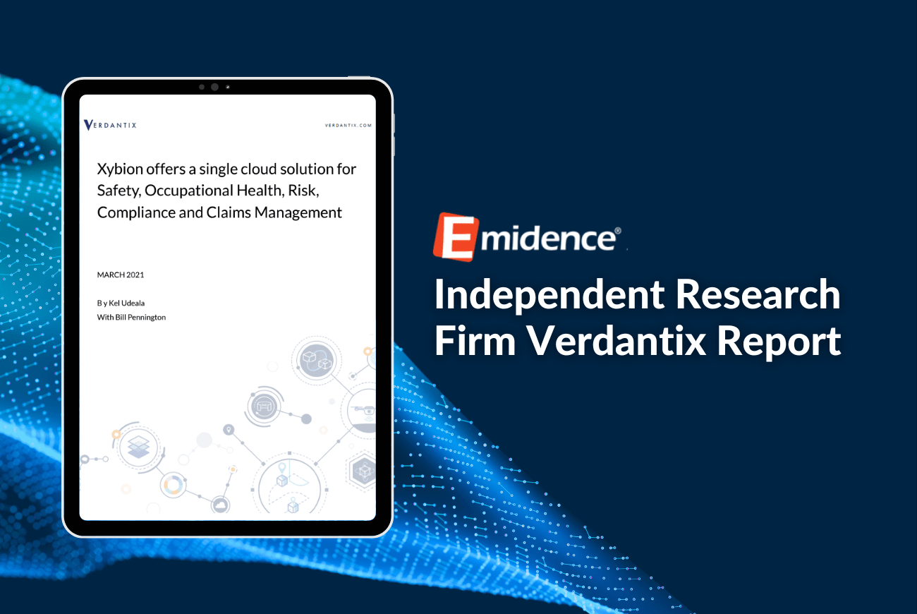 The image shows a tablet displaying a report titled "Xybion offers a single cloud solution for Safety, Occupational Health, Risk, Compliance and Claims Management" by Verdantix, dated March 2021. The report cover is next to the Emidence logo with the text "Independent Research Firm Verdantix Report" on a blue background.