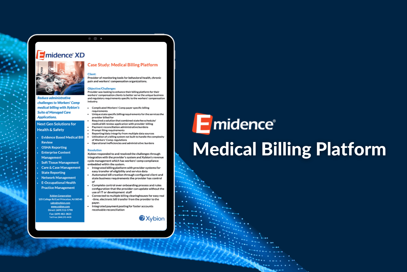 A tablet displaying a case study on the Emidence Medical Billing Platform by Xybion, highlighting next-gen solutions for health and safety, evidence-based medical billing, billing cycle management, and more.