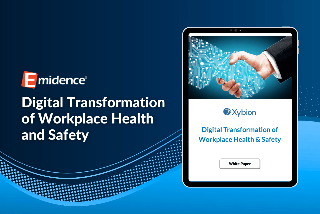 Xybion's white paper on the "Digital Transformation of Workplace Health and Safety," featuring an image of a tablet displaying the white paper cover with a hand and digital circuitry background.