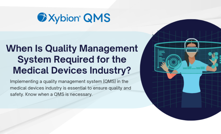 Infographic by Xybion QMS titled 'When Is Quality Management System Required for the Medical Devices Industry?' It emphasizes the necessity of implementing a quality management system (QMS) in the medical devices industry to ensure quality and safety.