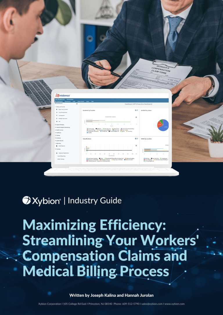 A cover image for a Xybion Industry Guide titled "Maximizing Efficiency: Streamlining Your Workers' Compensation Claims and Medical Billing Process." The image features two professionals discussing documents at a desk, with a laptop displaying a dashboard of charts and data.