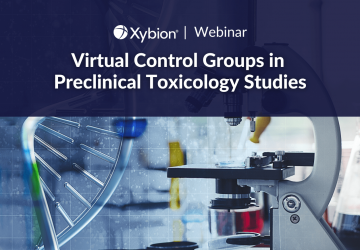 A promotional banner for a Xybion webinar titled "Virtual Control Groups in Preclinical Toxicology Studies."